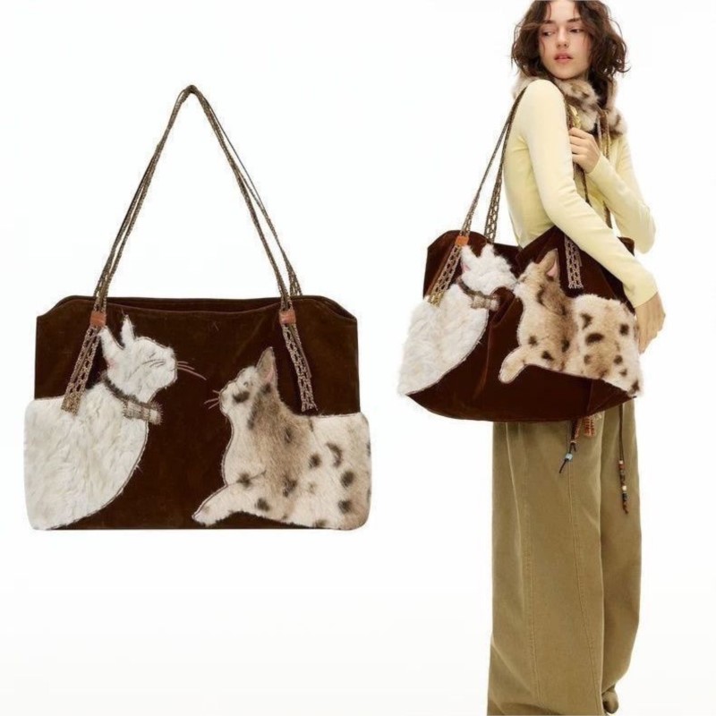 Half Moon Bag Suede - Retro Sweet Cute Cat Tote Bag