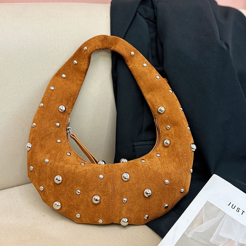 Half Moon Bag Suede - Vintage Rivet Faux Suede Halfmoon Women